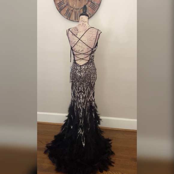 Black sparkly feather and beaded mermaid prom dress, formal dress or gala  gown